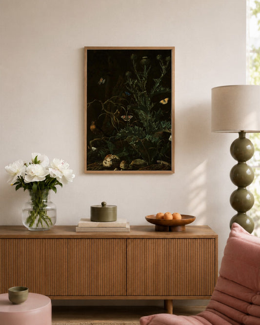 Abraham Jansz. Begeyn - Thistle and Butterflies - framed print in a styled room