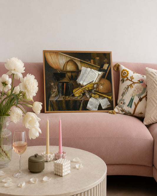 Edwaert Collier - Vanitas with Globe and Violin - framed print in a styled room