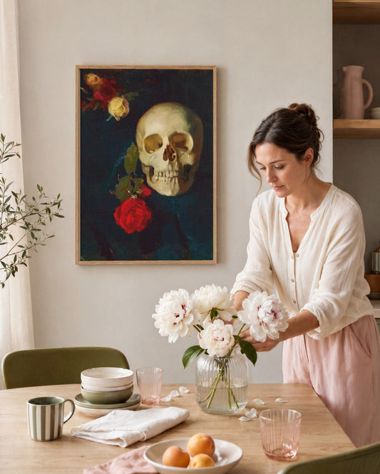 Carl Schuch - Skull and Roses - framed print in a styled room