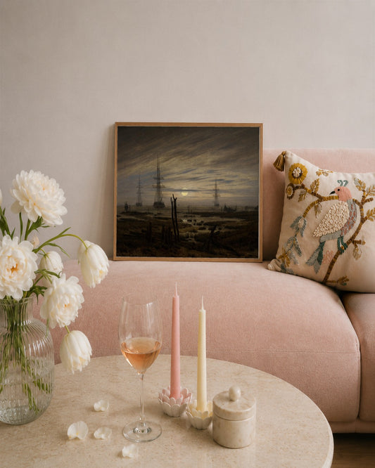 Caspar David Friedrich - Moonlit Harbour - framed print in a styled room