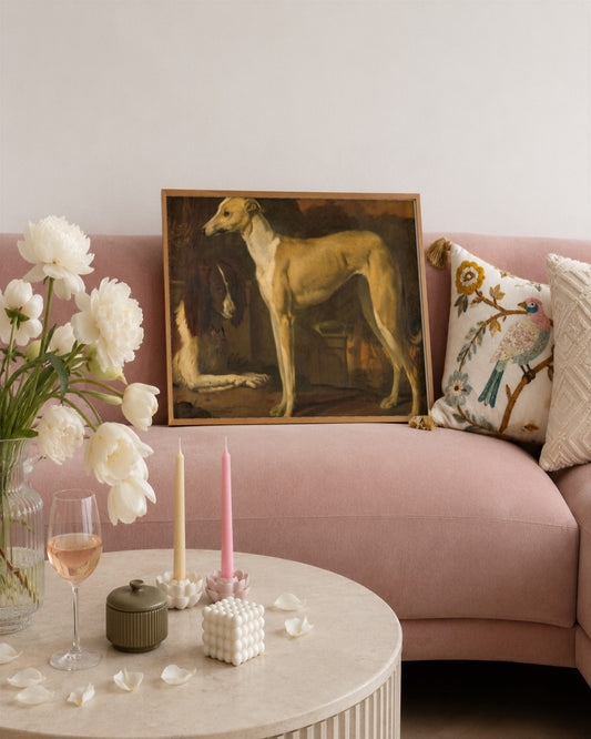 Jan Weenix - Whippet and Spaniel - framed print in a styled room