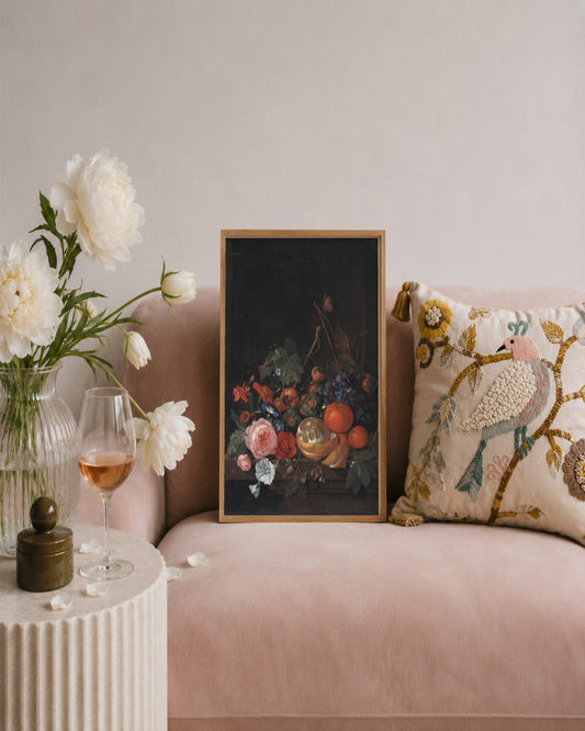 Jan Davidsz de Heem - Flowers and Fruit - framed print in a styled room