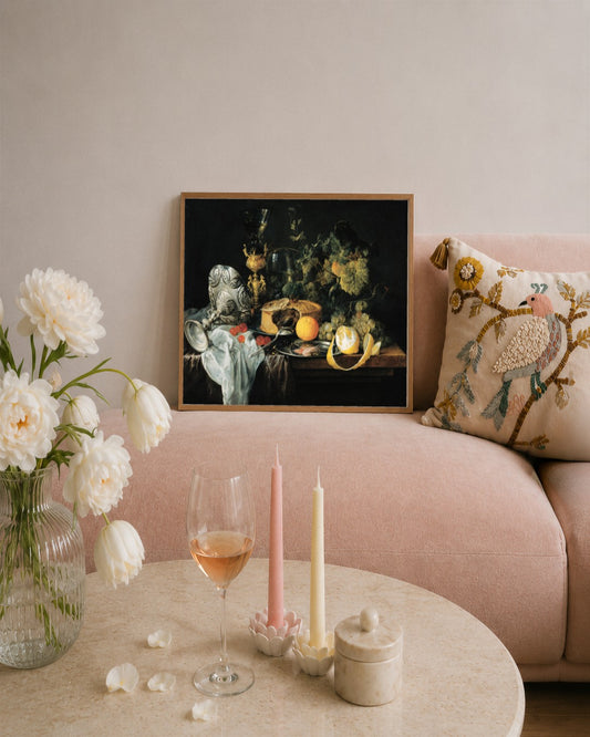 Jan Davidsz de Heem - Still Life with Lemon and Silver - framed print in a styled room
