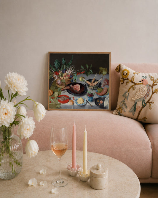 Jacob van Hulsdonck - Still Life with Meat, Fish, Vegetables, and Fruit - framed print in a styled room