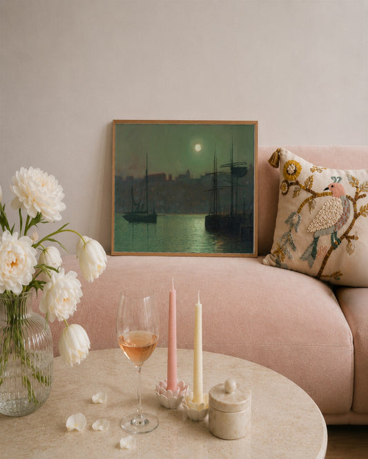 John Atkinson Grimshaw - Harbour by Moonlight - framed print in a styled room