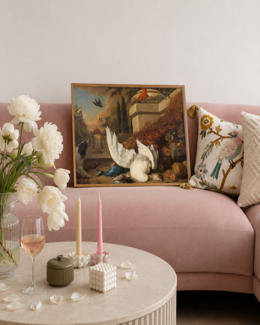 Jan Weenix - Swan and Peacock in a Park - framed print in a styled room