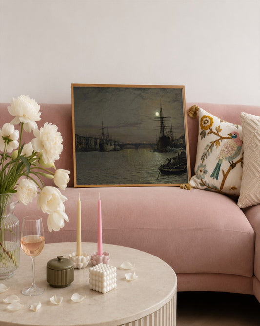 John Atkinson Grimshaw - Moonlit River with Ships - framed print in a styled room