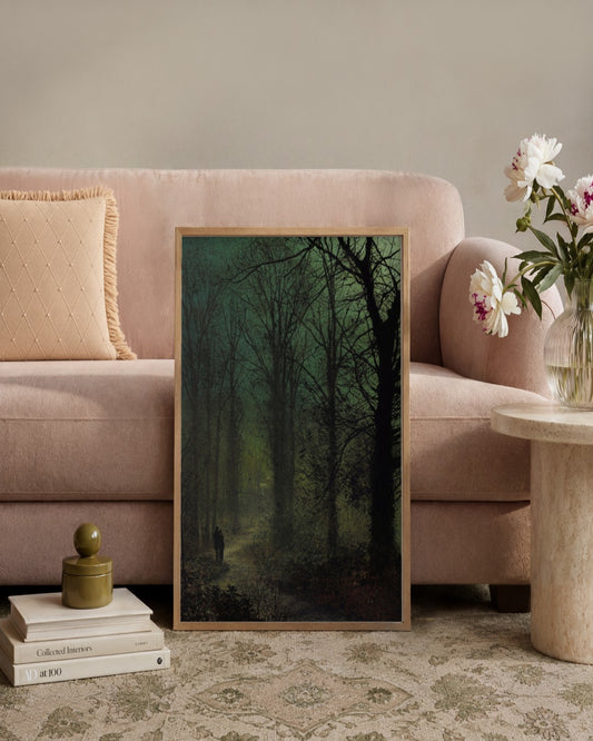 John Atkinson Grimshaw - Moonlit Woodland Path - framed print in a styled room