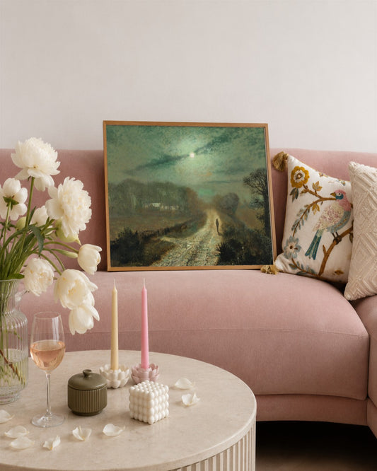 John Atkinson Grimshaw - Moonlit Road - framed print in a styled room