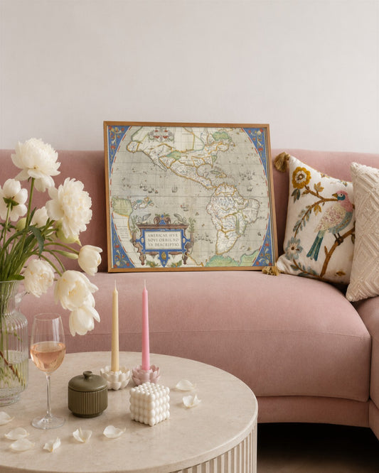 Abraham Ortelius - Map of the Americas - framed print in a styled room