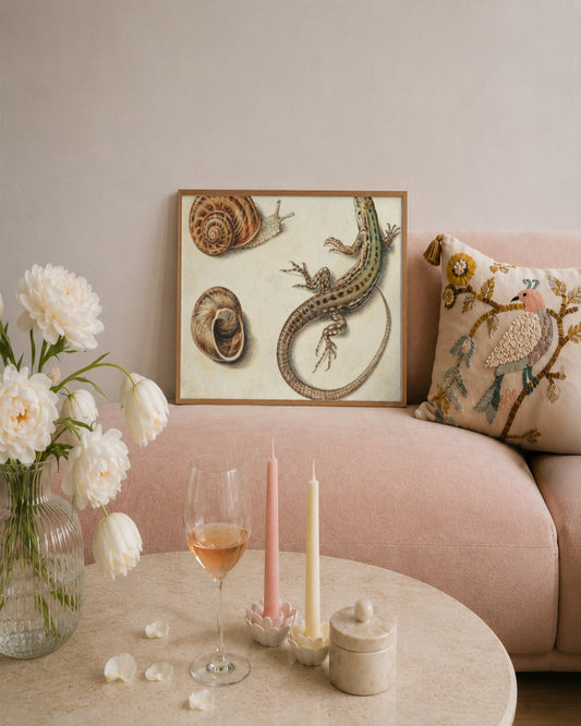 Giovanna Garzoni - Snails and a Lizard - framed print in a styled room