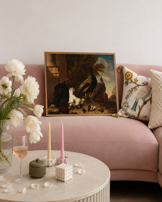 Melchior d'Hondecoeter - Peacock and Poultry - framed print in a styled room