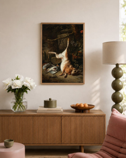 Jan Weenix - Hunting Still Life with Hare - framed print in a styled room
