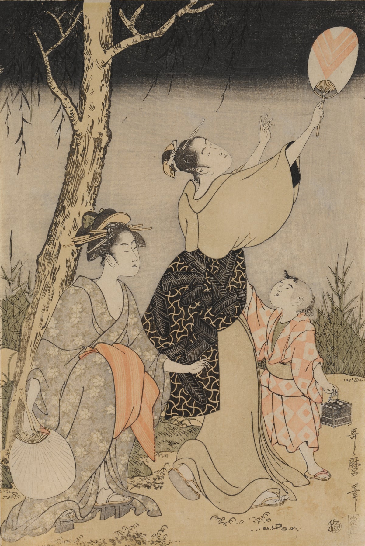 Kitagawa Utamaro - Catching Fireflies Beneath a Willow Tree (left)
