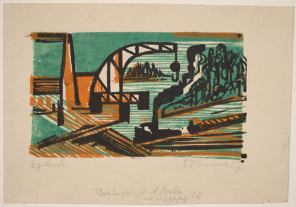 River Landscape with Crane and Barges - original artwork