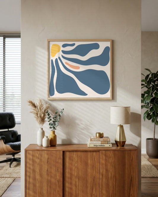 Abstract Wave - Blue - framed print in a styled room