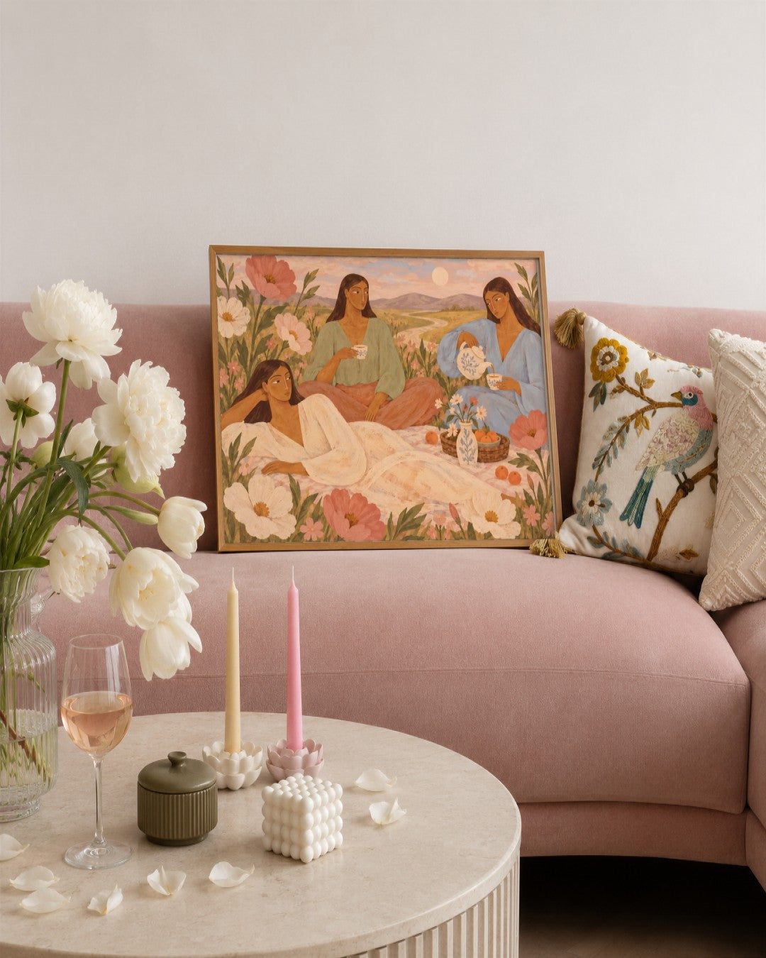 Alice Fray - Tea Among Wildflowers - framed print in a styled room