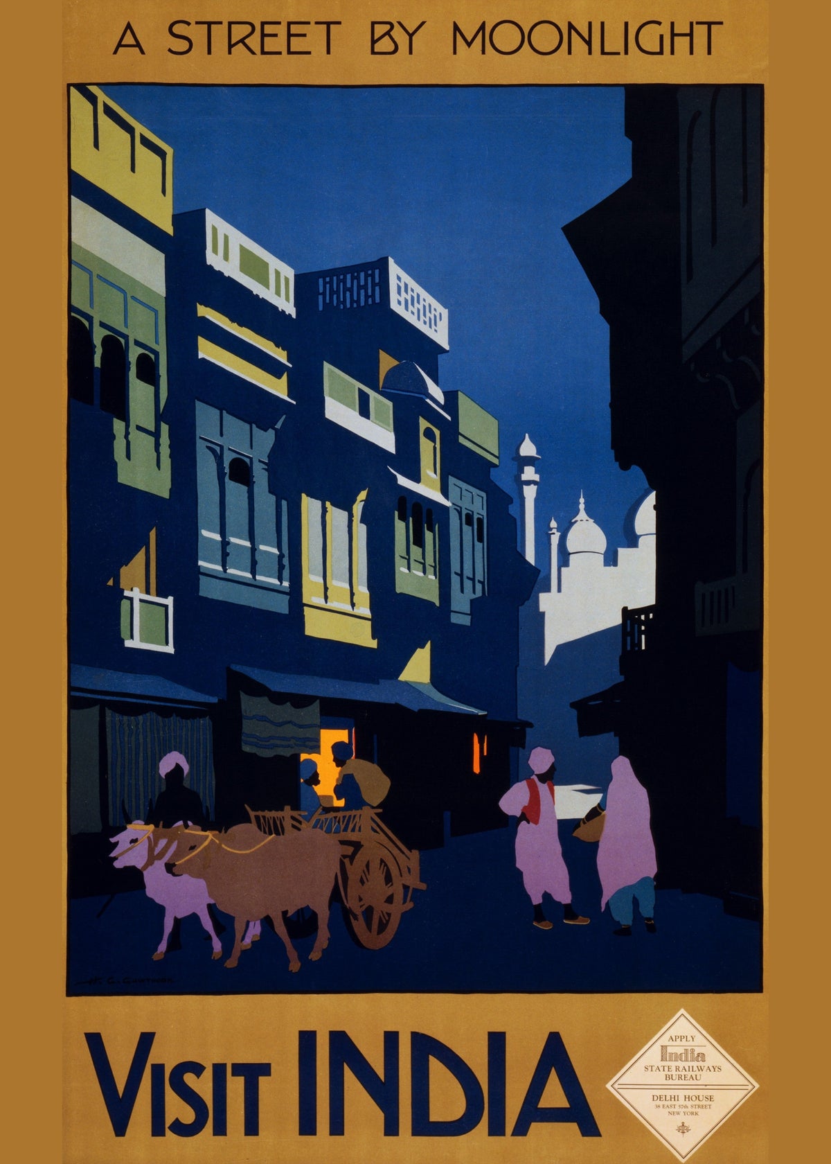 Visit India - A Street by Moonlight - original artwork