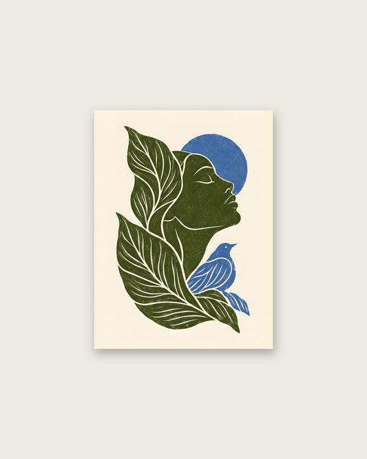 Yavr Johanssen - Linocut Woman Leaves and Bird