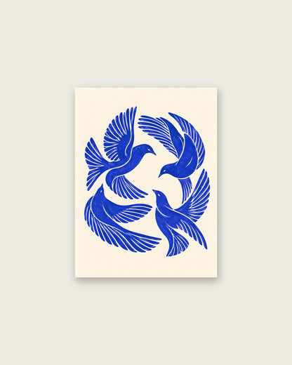 Yavr Johanssen - Swirling Blue Birds Linocut