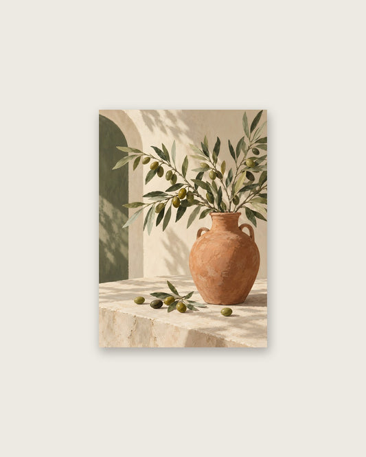 Jennet Hampsonn - Sunlit Terracotta Vase with Olive Branches