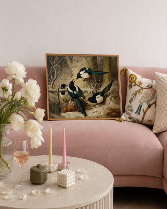 Ferdinand von Wright - Magpies in Winter - framed print in a styled room