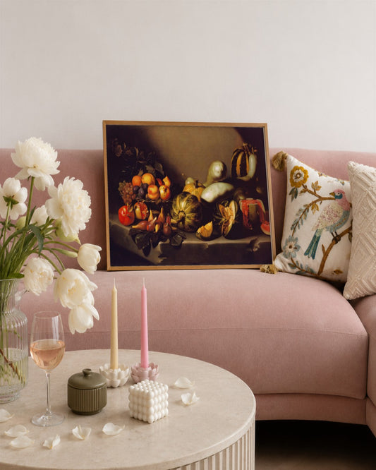 Caravaggio - Still Life with Fruit and Gourds - framed print in a styled room