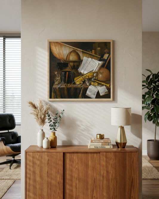 Edwaert Collier - Vanitas with Globe and Violin - framed print in a styled room