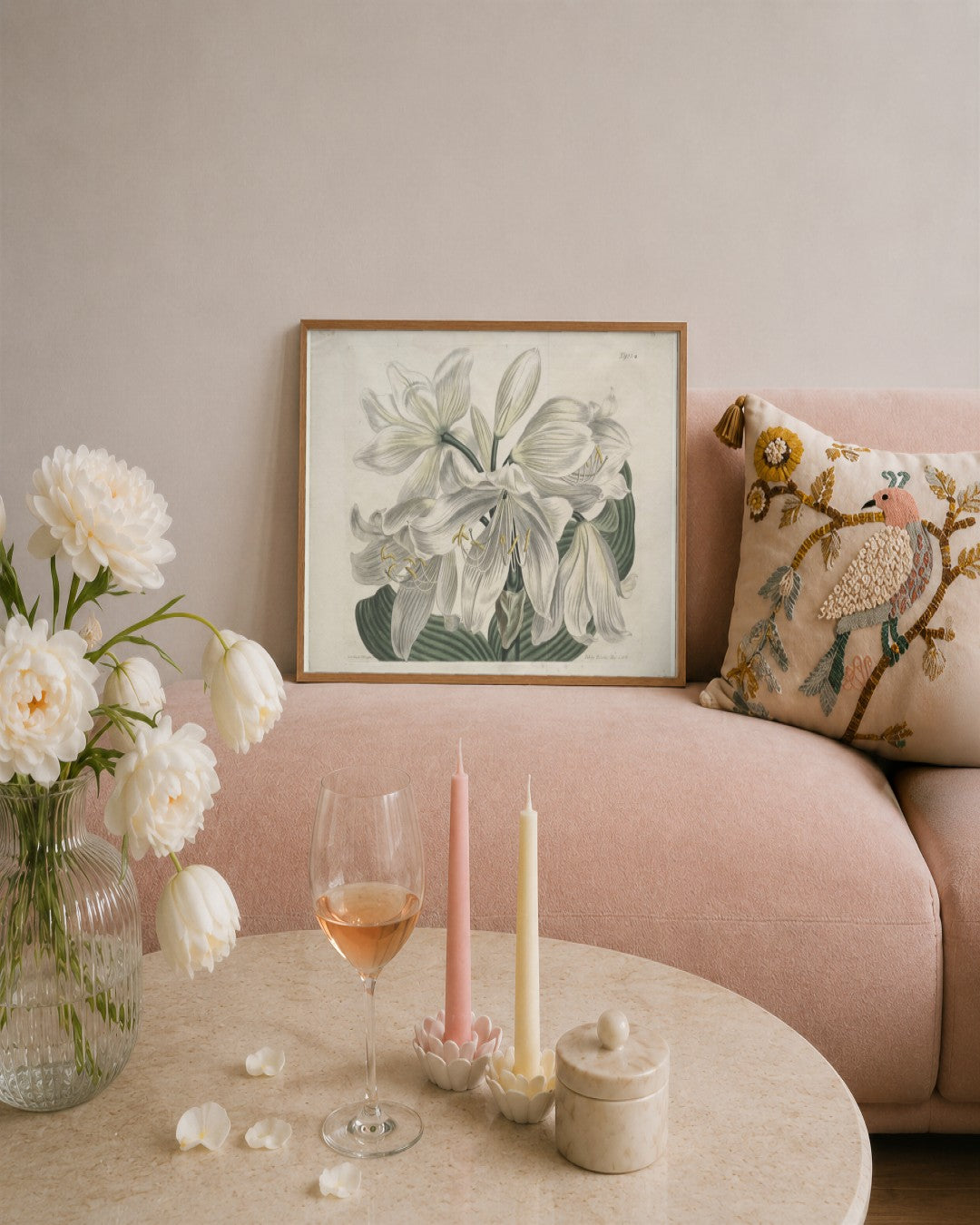 Sydenham Edwards - The Botanical Magazine or Flower Garden Displayed:  White Cape - Coast Lily - framed print in a styled room