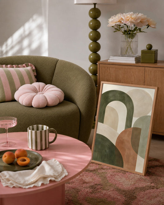 Hugo Morgan - Earthy Archways in Harmony - framed print in a styled room
