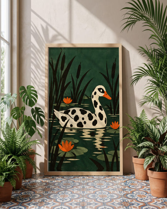 Elise Savoy - Spotted Duck - framed print in a styled room