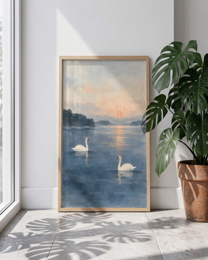 Cengiz Curtis - Dawn Swans on a Misty Lake - framed print in a styled room
