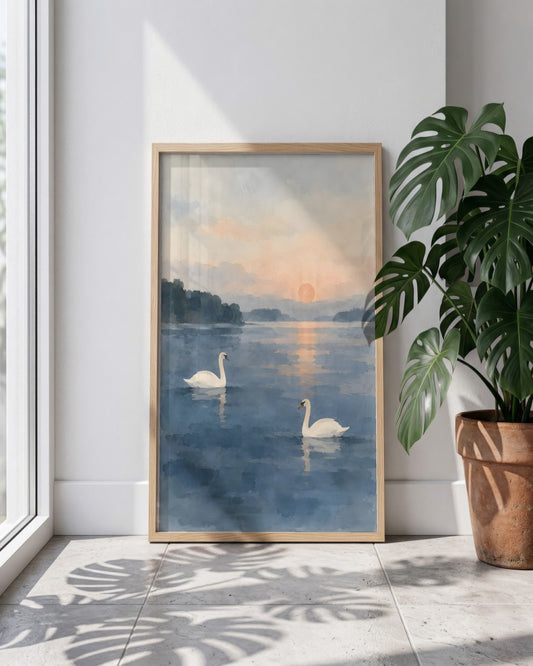 Cengiz Curtis - Dawn Swans on a Misty Lake - framed print in a styled room