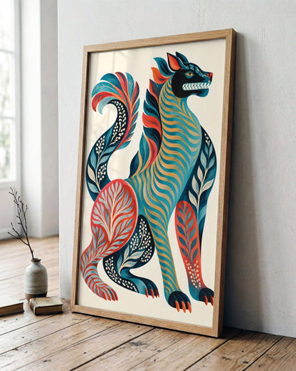 Gracie Cole - Folk Wolf - framed print in a styled room
