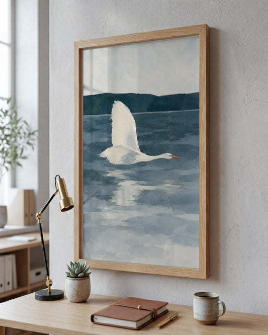 Cengiz Curtis - Low Flying Egret over Still Waters - framed print in a styled room