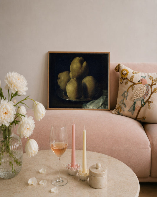 Francisco de ZurbarÃ¡n - Quinces on a Pewter Plate - framed print in a styled room