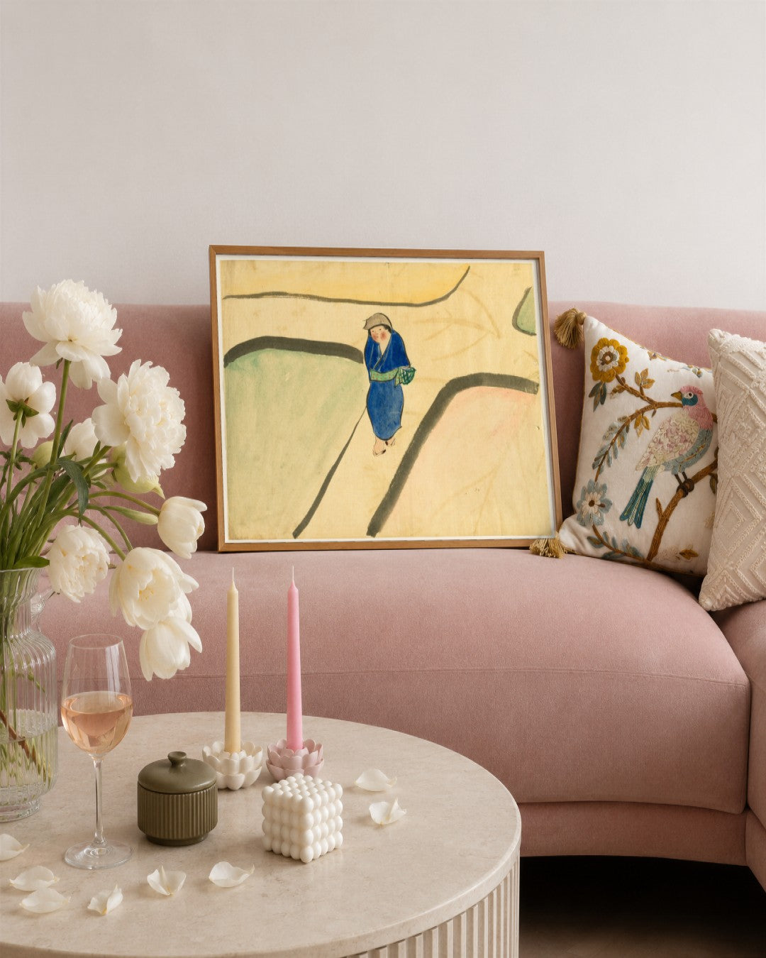Kamisaka Sekka - Flowers of a Hundred Worlds (Momoyogusa): Spring Field (Haru no tanomo) - framed print in a styled room