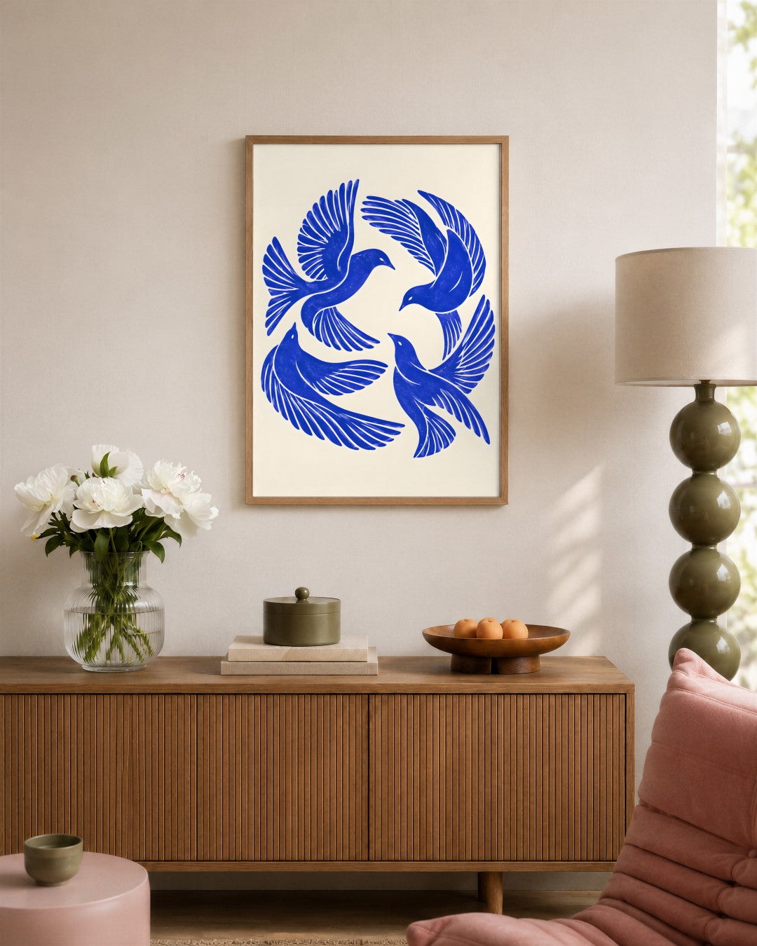 Yavr Johanssen - Swirling Blue Birds Linocut - framed print in a styled room