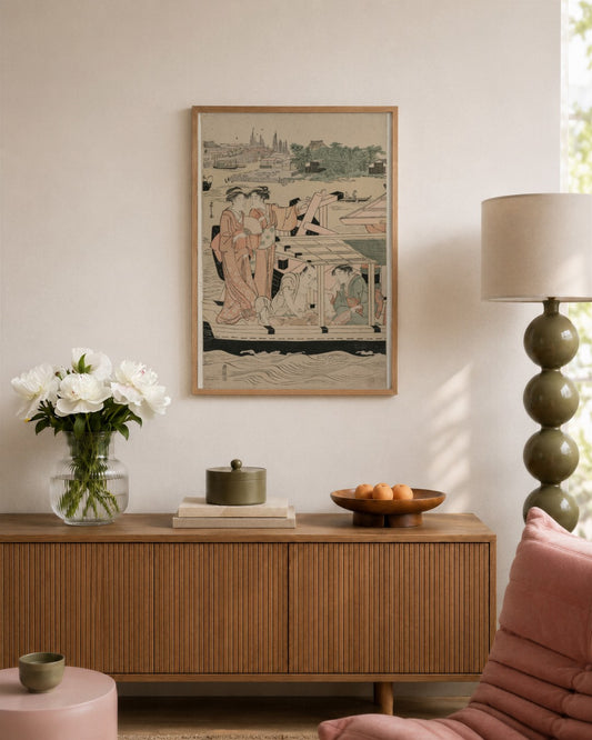 Chōbunsai Eishi - Leftmost Print from Pleasure Boats on the Sumida River beneath Shin-Ōhashi Bridge - framed print in a styled room