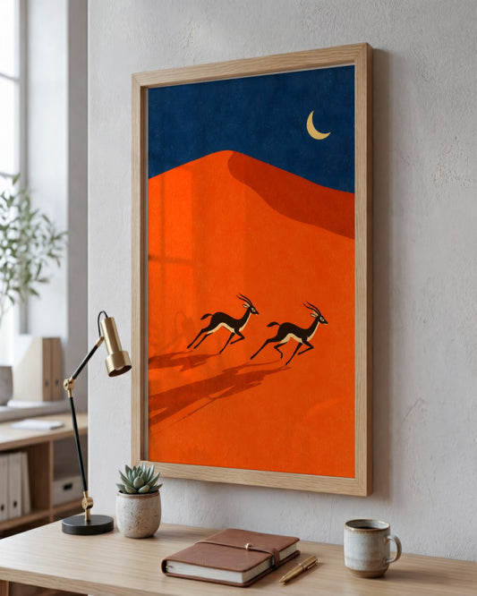 Elise Savoy - Gazelles in Desert - framed print in a styled room