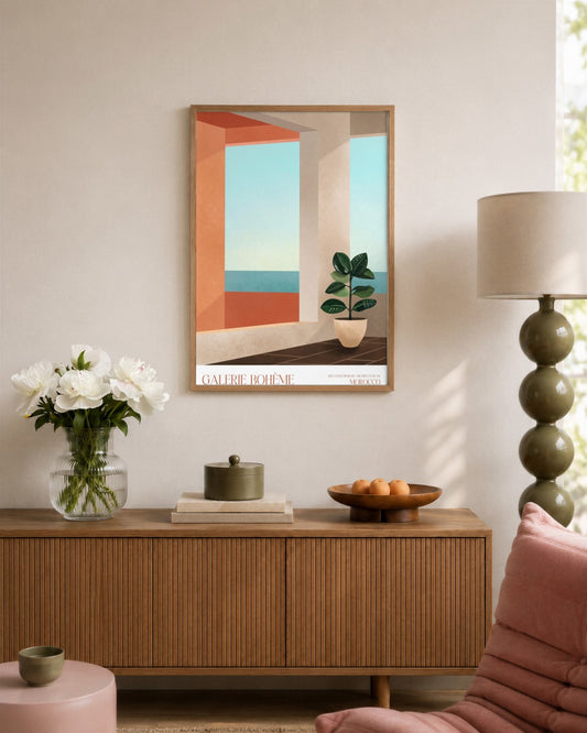 Galerie Bohème - Terrace by the Sea - framed print in a styled room