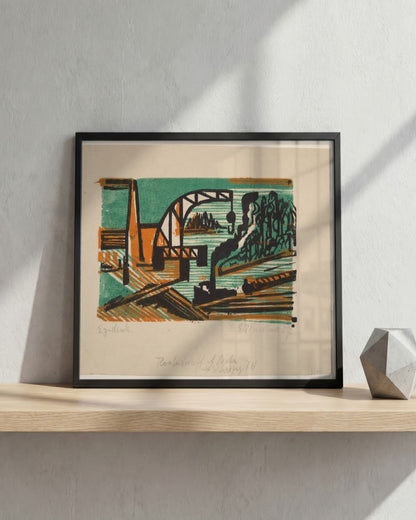 River Landscape with Crane and Barges - framed print in a styled room