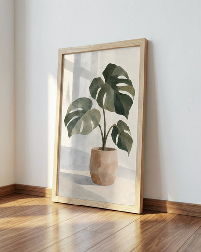Cengiz Curtis - Minimalist Watercolour Monstera Still Life - framed print in a styled room