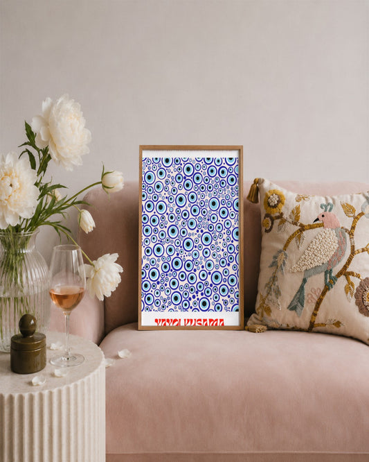 Yayoi Kusama - Evil Eye Dots - framed print in a styled room