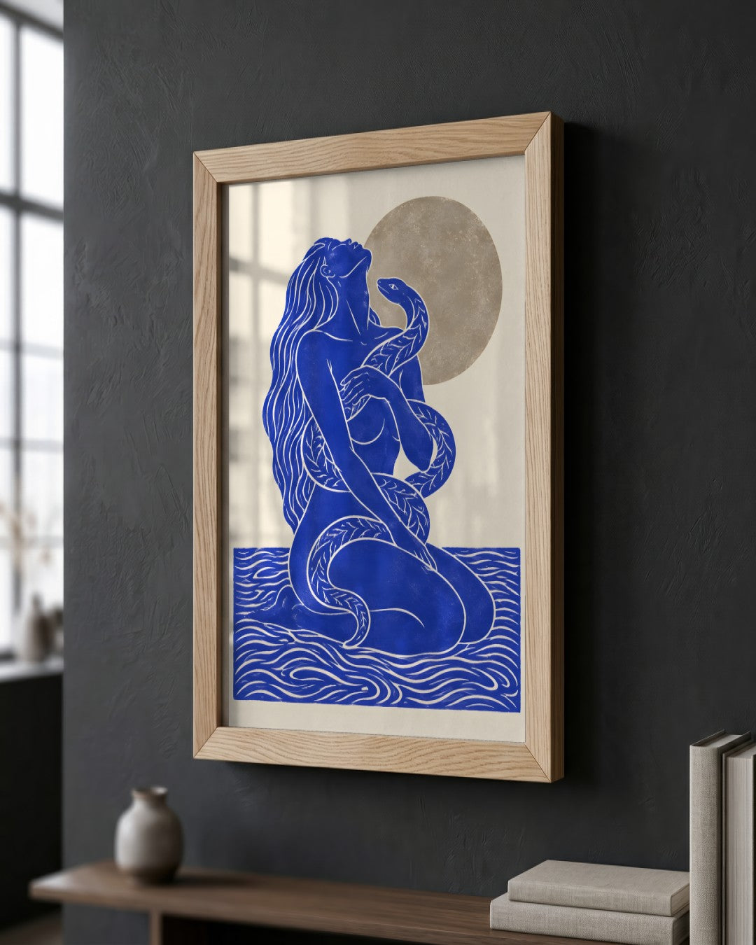 Yavr Johanssen - Moonlit Serpent Embrace - framed print in a styled room