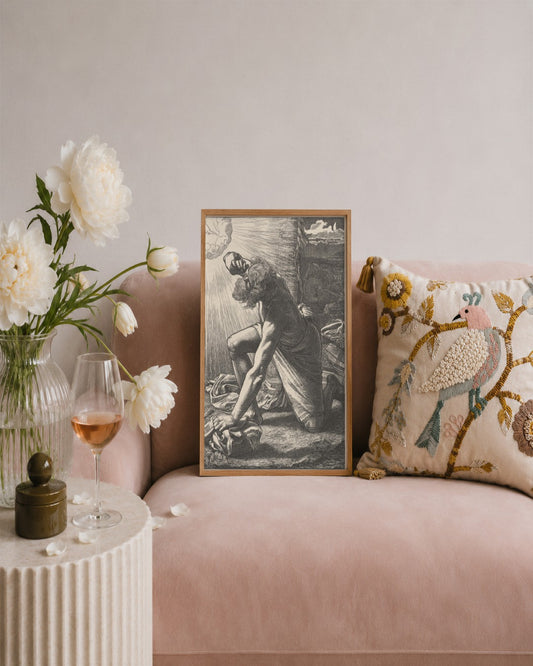 Frederick Sandys - Man Kneeling in Sunlight - framed print in a styled room