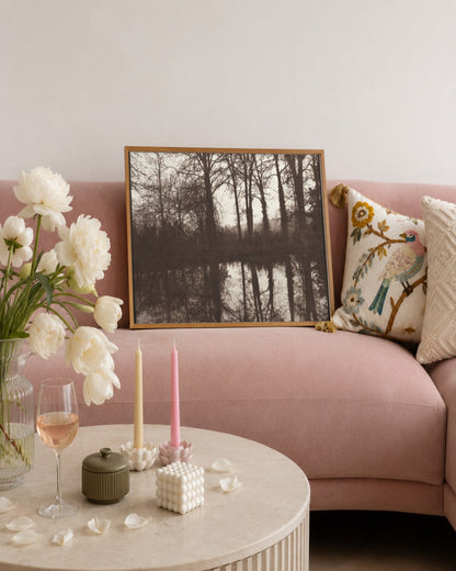 William Henry Fox Talbot - Winter Trees Reflected in a Pond - framed print in a styled room