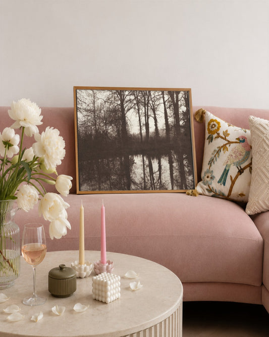 William Henry Fox Talbot - Winter Trees Reflected in a Pond - framed print in a styled room