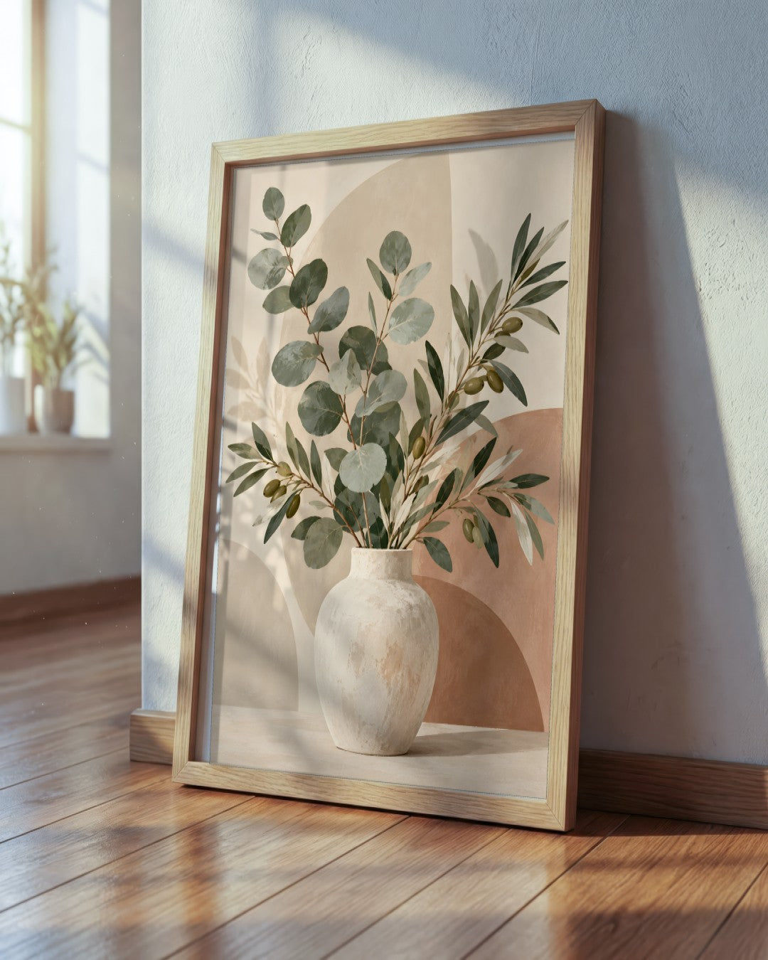 Jennet Hampsonn - Minimalist Eucalyptus and Olive Still Life - framed print in a styled room
