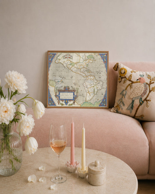 Abraham Ortelius - Map of the Americas - framed print in a styled room